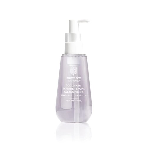 Snow Fox Skin Care Goodnight Lavender Facial Cleansing Oil – 2-in-1 Makeup Remover & Cleanser with French Lavender, Coconut Oil and Camellia – Removes Eye Makeup – Gentle, Non-Drying – 3.3oz