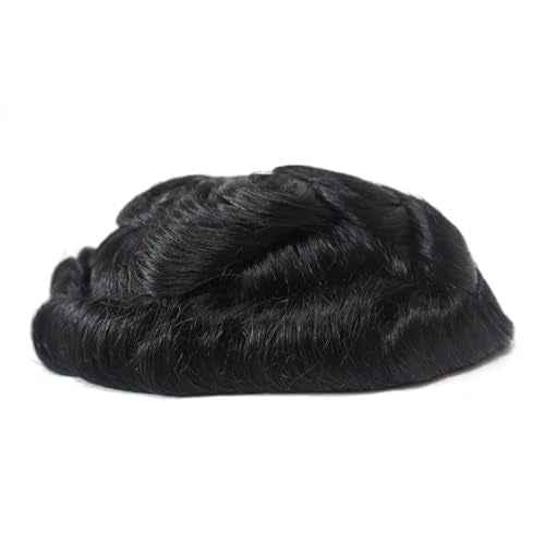 Toupee for Men Human Hair Mens Toupee Mono Base with NPU Around Hair Units Curly Wave Mens Wigs Toupee Hair Real Human Replacement System for Man Freestyle Natural Wig #1B Off Black (6x8")