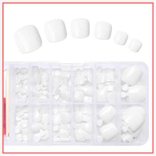 LuckForever 168pc Press on Toenails Women Fake Toe Nails with Glue Tabs, White Fake Toenails Press on Nails Short Square Acrylic Toe Nail Tips Glue on Toenails False Artificial Toe Nails Press ons