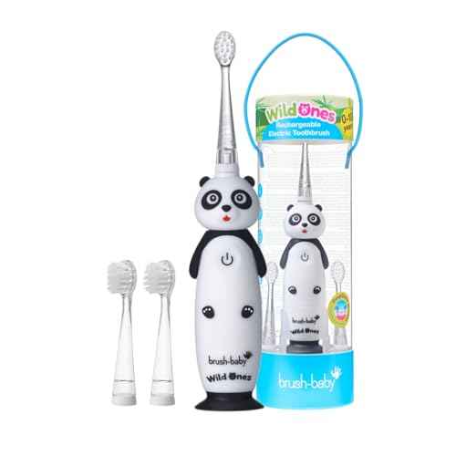 BrushBaby - WildOnes - Kids Rechargeable Electric Toothbrush, Ages 0-10 - Pan-Pan Panda Design with Flashing Lights - DeepClean Bristles for Superior Cleaning - 2 Replacement Brush Heads, 1 USB Cable