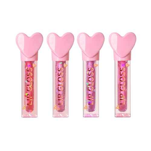 4pc Heart Charm Lip Gloss Stick for Girls - Glossy Fruity Lip Set | Non Toxic Party Favors, Teen Makeup Gift with Cute Topper (4 Pack)
