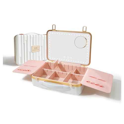 ROWNYEON Portable Travel Makeup Case With Light Up Mirror & Removable Divider - Train Case Organizer for Girls & Makeup Artist, Hairstylist - 10x Mirror (White)