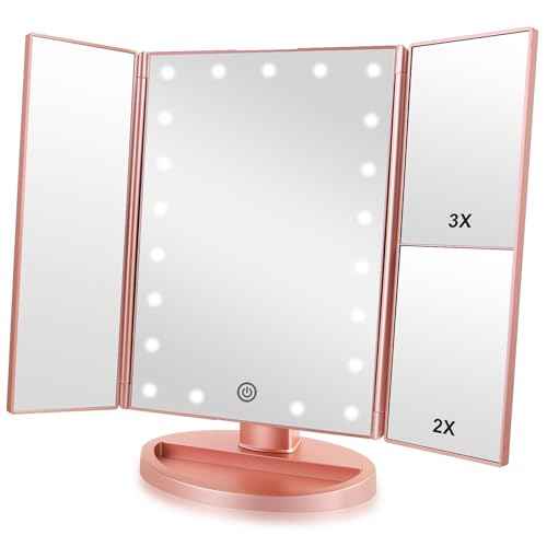 Trifold Makeup Mirror Vanity Mirror with Lights,1X 2X 3X Magnification,Touch Screen,180 Adjustable Rotation,Portable Travel Bathroom Cosmetic Mirror