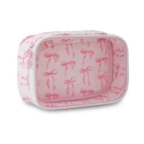 DYSHAYEN Clear Makeup Bag for Women Girls Small Travel Pink Bow Cosmetic Bag Cute Makeup Pouch for Purse Birthday Gifts for Girlfriend Mom Bridesmaid (Pink Bow B)