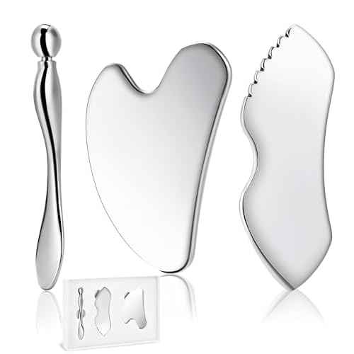 Gua Sha Facial Tools, 3 in 1 Stainless Steel Metal Guasha & Eye Cream Applicator Facial Sculpting Tool Set Eye Massager Lymphatic Drainage for Face Neck (Gift Box Set)(Boxed 2, Count, 3)