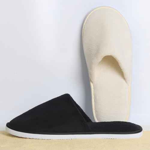 Yeios 12 Pairs Disposable Slippers for Guests Hotel Spa Slippers,0.78inch Sole 180GSM Coral Fleece Non-slip Washable House Slipper Bulk for Adult for Men and Women Beige and Black