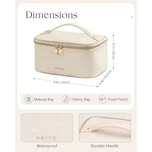Prite Makeup Bag Portable Cosmetic Organizer with Brush Holder Waterproof Travel Toiletry Bag for Women with Handle and Divider (Beige)