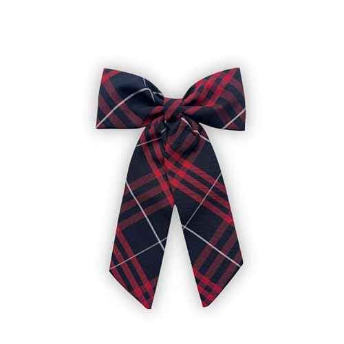Jumbo Plaid Hair Bow for Girls ? Extra Large 5"x8" with Long Tail & Secure French Barrette ? Durable Yarn-Dyed Fabric ? Elegant Back to School Accessory (Dark Navy and Red Plaid #37)