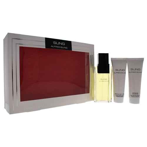 ALFRED SUNG Sung for Women - 3 Pc Gift Set 3.4oz EDT Spray, 2.5oz Essential Body Lotion, 2.5oz Refreshing Shower Gel.