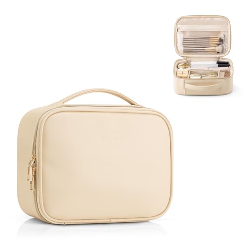 Vlando Travel Makeup Bag,Portable Cosmetic Bag Makeup Case Organizer, Makeup Bag with Adjustable Dividers for Women,Girls,Wedding,Cosmetic Brushes,Toiletry,Gifts,Anniversary-Beige