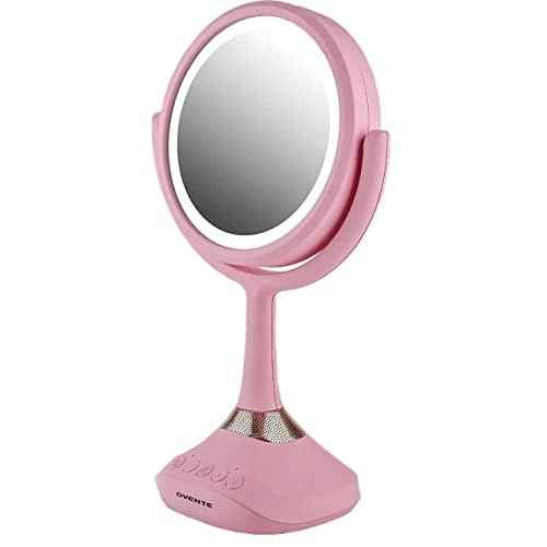 Ovente Lighted Vanity Mirror, Table Top, 360 Degree Spinning 6'' Double Sided Circle LED 1X 5X Magnifier with MP3 Audio, Built-in Wireless Speaker, Rechargeable, USB Operated, Baby Pink MRT06P1X5X