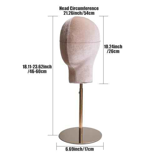 CHADWICK Mannequin Head Stand for Hat and Wig Display, Pinnable Wig Head Stand, Velvet Manikin Head Block with Retractable Metal Base, 21 Inch Wig Stand for Styling and Display, Height 18-23 Inches