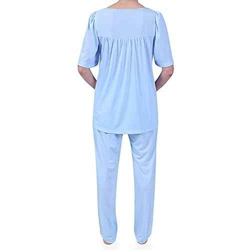 Miss Elaine PJ Set - Women's Nylon Tricot Pajama Set, Short Sleeves, Round Neckline with Embroidered Trim, Button Front Top