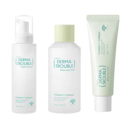 Derma Trouble 3-Step Acne Kit - Korean Skin Care Routine for Clogged Pores & Sensitive Skin, Gentle pH-Balanced Cleanser, Toner & Cream, Non-Irritating Formula. Anti-Sebum Complex, Fusiderm-T