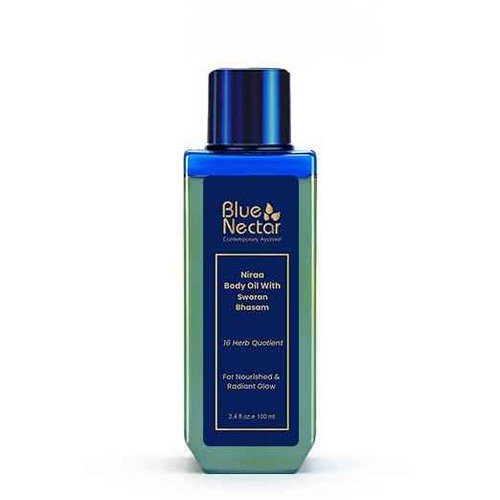 Blue Nectar Body Oil with Swaran Bhasam for Glowing Skin | Ayurvedic Body Oil for Dry Skin | Nourishing Oil with Gold & Shimmer (16 Herbs, 3.38 Fl Oz)