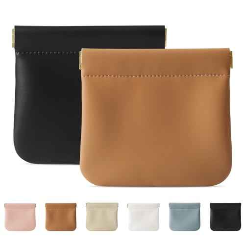 2 Pcs Small Makeup Bag for Purse, Upgrade Organosilicone Mini Makeup Pouch for Women with Snap Closure Clamp, Portable Small Cosmetic Bag Travel Storage Pouch for Coin Lipstick (Black + Brown)