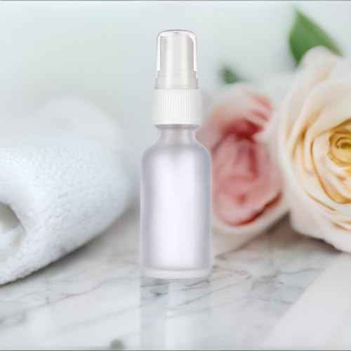 JUVITUS 1 oz Clear Frosted Glass Boston Round Bottle with White Fine Mist Spray (24 pack) + Funnel