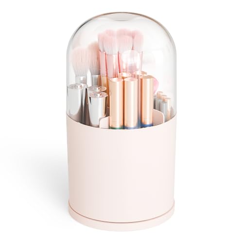 Yieach Rotating Acrylic Makeup Brush Holder with Lid for Vanity,Bathroom,Countertop,Covered Makeup Brushes Organizer,Round Spinning Cosmetic Brushes Holder and Make up Brush Storage with Cover,Pink