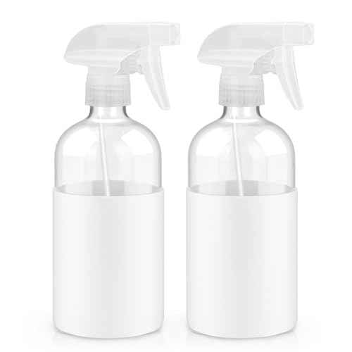 2 Pack Glass Spray Bottles with Silicone Sleeve, 16 oz Empty Refillable Containers with Adjustable Spray Nozzles, Spray Bottles for Hair, Cleaning Solutions and Plants White