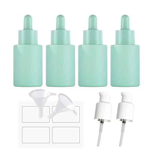 4 Pack 1oz Glass Dropper Bottle,Green Glass Dropper Bottles with 2 Funnels & 2 Lotion Pumps,30 ml Eye Dropper Bottles For Essential Oils,Serums,Lotion,Tincture Bottles (C -Green)