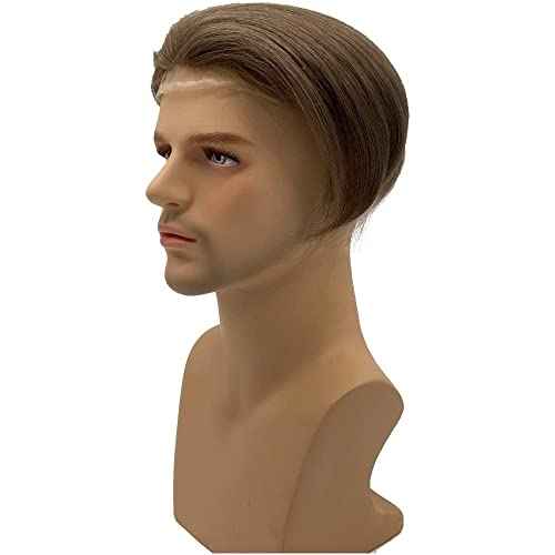 Mens Toupee European Human hair Replacement for Men Hairpiece Swiss Lace Front 0.08mm Thin Skin PU All V-looped Man Wigs 10x8inch #18 Dark Blonde Color