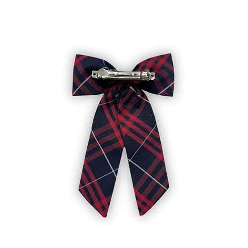 Jumbo Plaid Hair Bow for Girls ? Extra Large 5"x8" with Long Tail & Secure French Barrette ? Durable Yarn-Dyed Fabric ? Elegant Back to School Accessory (Dark Navy and Red Plaid #37)