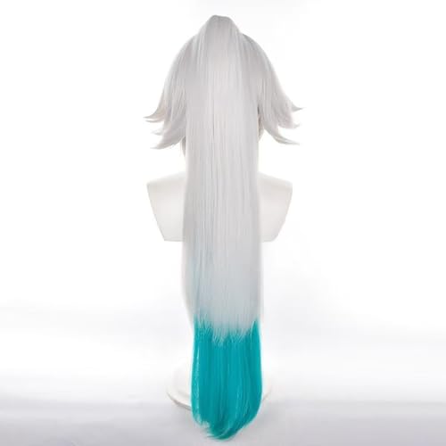 Gorgewg for Feixiao Cosplay Wig 90cm Long Silver White Blue Synthetic Hair with Wigcap for Adult Costume Party