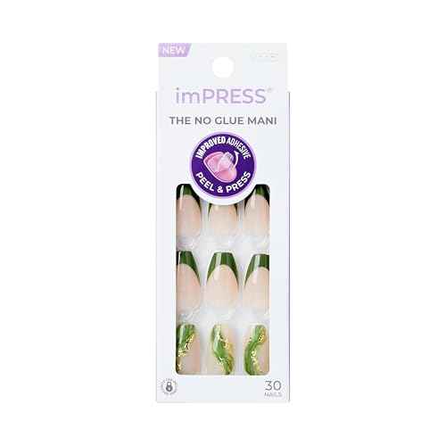 KISS imPRESS No Glue Mani Press On Nails, Design, 'Ballerina', Neutral/green, Medium Size, Coffin Shape, Includes 30 Nails, Prep Pad, Instructions Sheet, 1 Manicure Stick, 1 Mini File