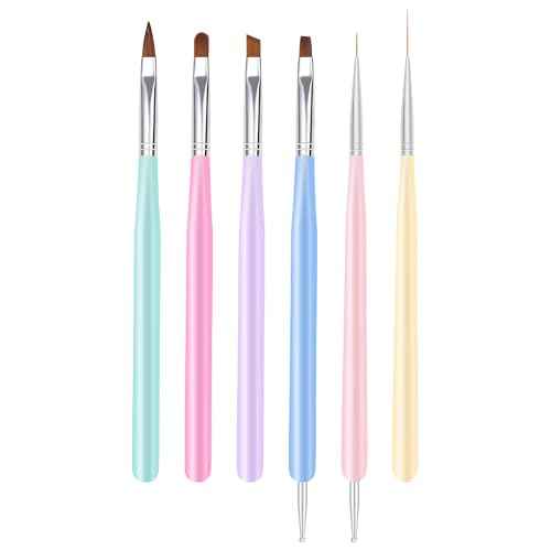 Nail Art Brushes, 6Pcs Nail Art Painting Tools with Nail Art Fine Liner Brush, Nail Design Painting Brushes Set, Builder Gel Brush, Nail Dotting Pen for Gel Polish Manicure Salon DIY, Multicolor