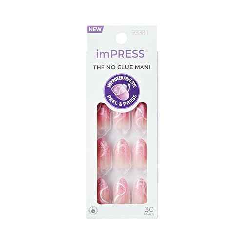 KISS imPRESS No Glue Mani Press On Nails, Design, 'Wild Venus', Pink, Medium Size, Almond Shape, Includes 30 Nails, Prep Pad, Instructions Sheet, 1 Manicure Stick, 1 Mini File