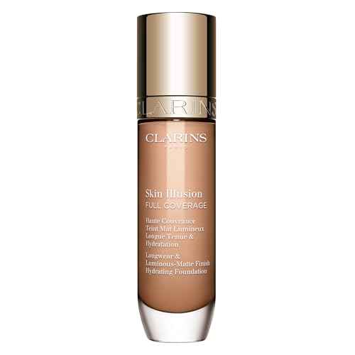 Clarins Skin Illusion Longwear Full Coverage Foundation|Luminous Matte Finish|24H Hold and 24H Hydration|Natural Looking|Transfer, Sweat and Smudge Proof| Contains Hyaluronic Acid|1 Fl Oz