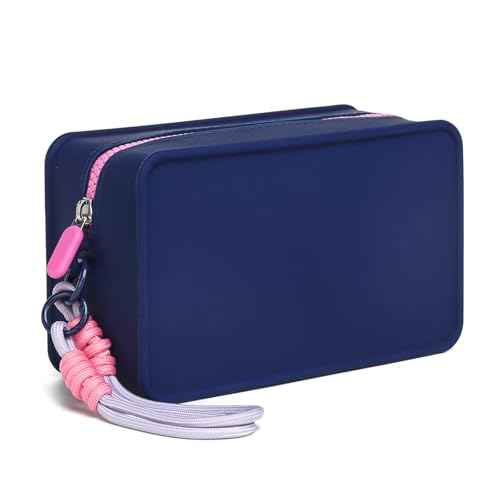 Travistar Silicone Travel Makeup Bag - Large Capacity Make Up Pouch Travel Makeup Organizer Bag Waterproof Toiletry Bag Portable Cosmetic Bag Cute Womens Brush Holder Bag with Zipper Closure Blue