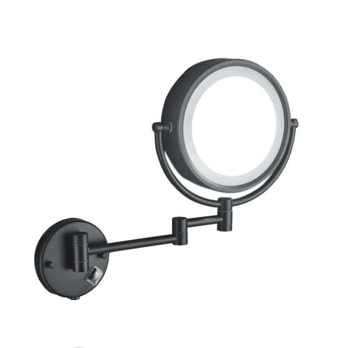 Hardwire LED Lighted Wall Mount Gold Makeup Mirror with 10x Magnification for Bathroom and Bedroom,13" Extendable Arm (Black)