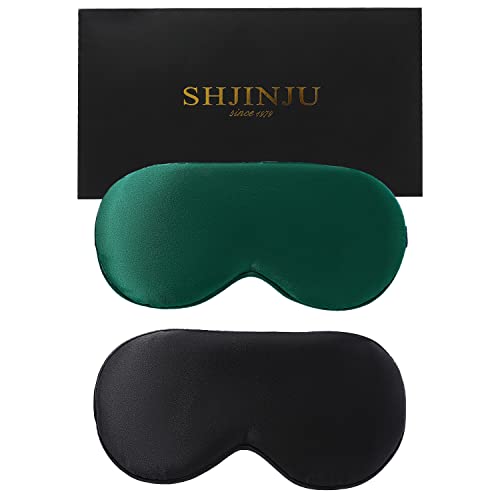 2-Pack 100% Real Natural Silk Eye Mask, Silk Sleeping Mask, Shade Puffy Eye Gift with Adjustable Straps, Sleep Eye Mask, SHJINJU Eye Mask Shade (Black and Dark Green)