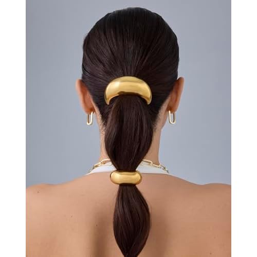 PAVOI 14K Yellow Gold Plated Waterproof Chunky Metal Hair Band Ponytail Holders for Women - Stainless Steel Statement Cuff Fashion Accessories - Stretchy Gold Hair Ties