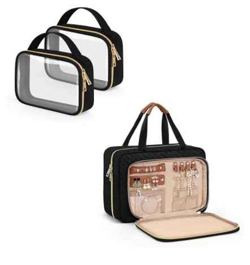 Wedama Hanging Travel Toiletry Bag with Jewelry Organizer Compartment+TSA Toiletry Bag 2 Pack Makeup Bag for Travel Business Trips Camping Bathroom