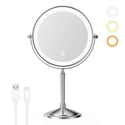 Nicesail Desk Mirror with Light 1X/10X Magnifying with 3 Color Dimmable Lights Desk Mirror, Cordless 360 Rotation 4000mAh Rechargeable, Double Sided Mirror for Desk, 8 Inch Standing Chrome Finish