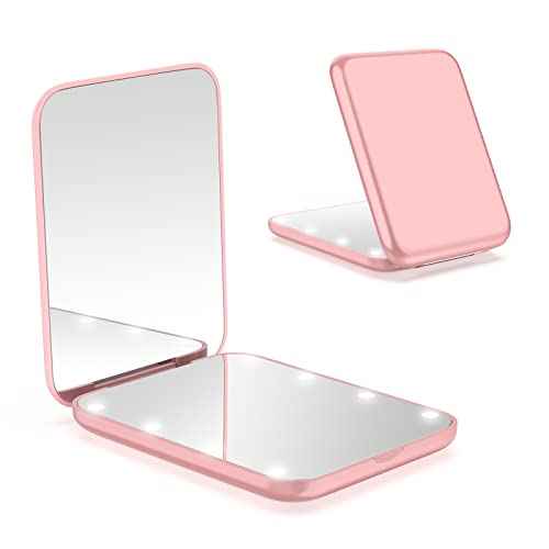 WOBSION Small Mirror with Lights,LED Compact Makeup Mirror,1x/3x Mini Travel Mirror with Magnification,Portable for Purse,Pocket,Gifts for Girls,Rose Gold