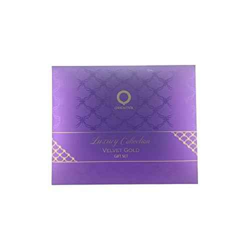 Orientica Al Haramain Velvet Gold 4-Piece Gift Set for Women, (2.7 Oz Eau De Parfum Spray + 0.33 Oz Eau De Parfum Spray + Atomizer + Bag) Luxury Collection