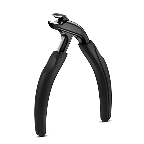BALUCA Curved Head Toenail Clippers for Seniors for Thick Toenails, Long Handle Toe Nail Clippers with Catcher, German Stainless Steel Angled Nail Clippers with Silicone-Grip - Black