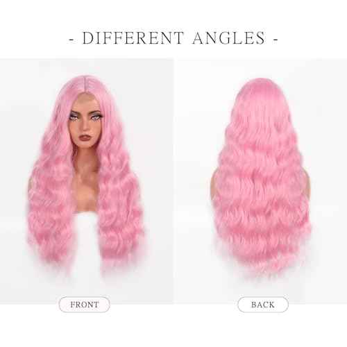 Long Wavy Pink Wig for Women 28 Inch Middle Parted Dream Pink Curly Wig Natural Looking Heat Resistant Fiber Synthetic Wig for Daily Party Halloween Cosplay Use