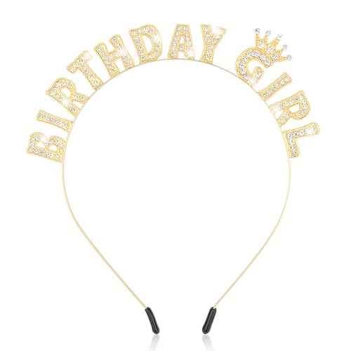 Wecoe Gold Birthday Girl Headband - Sparkling Rhinestone Tiara Crown Hair Accessories for Women Girls - Happy Birthday Party Decorations, Princess Birthday Gift Idea