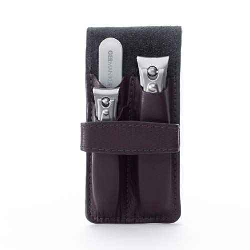 GERMANIKURE Nail clippers and Glass Nail File Set in Dark Purple Leather Case - Made in Solingen Germany of FINOX Stainless Steel, Glass Nail Care Supplies Made in Czech Republic