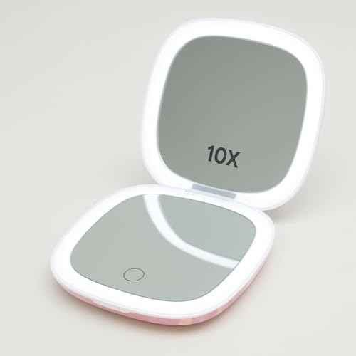 Lighted Makeup Compact Mirror, 3.9 Inch ? 1x/10x Magnification Portable, LED ? Auto Light On/Off - USB Charging, (Blush Marble)