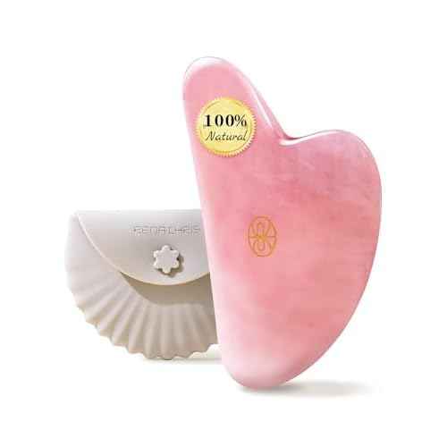 Rena Chris Gua Sha Facial Tools, Ergonomic Rose Quartz Guasha Tool for Face Massage, Manual Facial Massager Tool for Jawline Sculpting and Puffiness Reduction with Silicone Case (Pink)