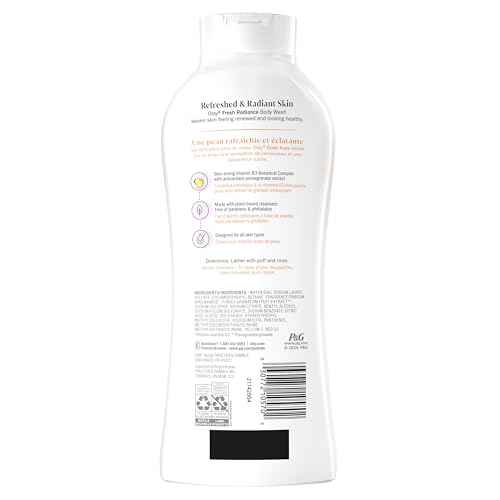 Olay Body Wash for Women, Fresh Radiance, Refreshing & Renewing, Made with Plant Based Cleansers, B3 Botanical Complex, For All Skin Types, Vanilla Blossom & Apricot Scent, 22 fl oz (Pack of 4)