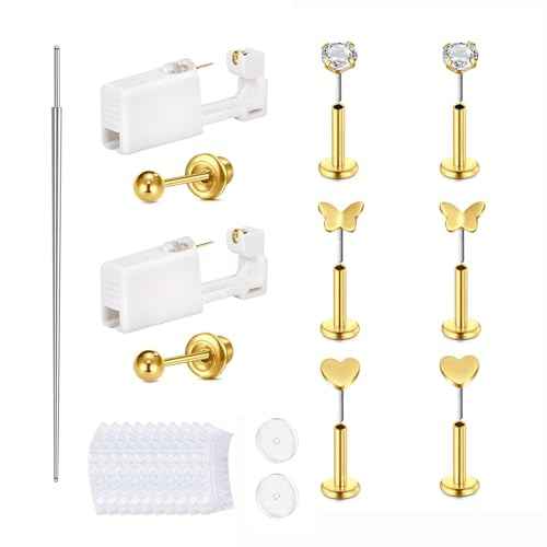 QWALIT Ear Piercing Kit Gold Ear Piercing Gun Kit Self Piercing Earrings Piercing Kit Disposable Earring Gun Piercing Kit with Gold Earring Stud Flat Back Self Helix Cartilage Ear Piercing Kit at Home