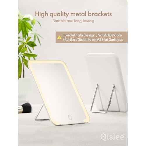 Qislee Travel Makeup Mirror with Lights, 3 Color Modes, 8 x 5 inches Desk Mirror with Foldable Stand, Touch Dimming, Perfect Travel Accessory, White