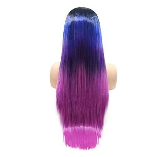 24" Long Straight Black Ombre Purple Synthetic Lace Front Wig for Women Cosplay Party Drag Queen Hairstyle 1B Black to Violet/Rose Red Mermaid Colorful Wedding Wigs Natural Hairline