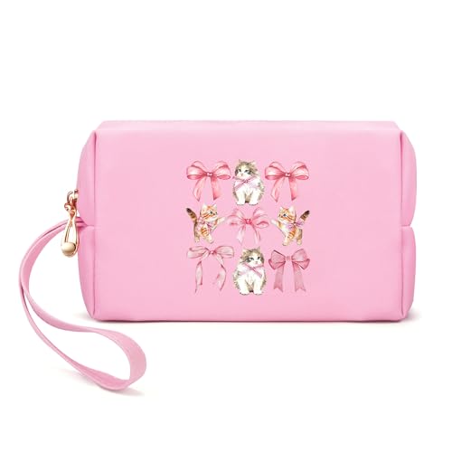 Serapha.Silk Pink Bow Makeup Bag,Cute Cosmetic Travel Bag for Women makeup pouch Cat Chicken Pattern,Preppy Gift for Teen Girls,Portable Handle PU Leather with Zipper Make up Bag